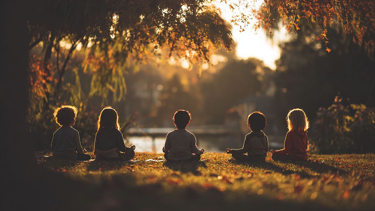 Öt gyermek meditál a természetben, nyugodt környezetben, naplementében.