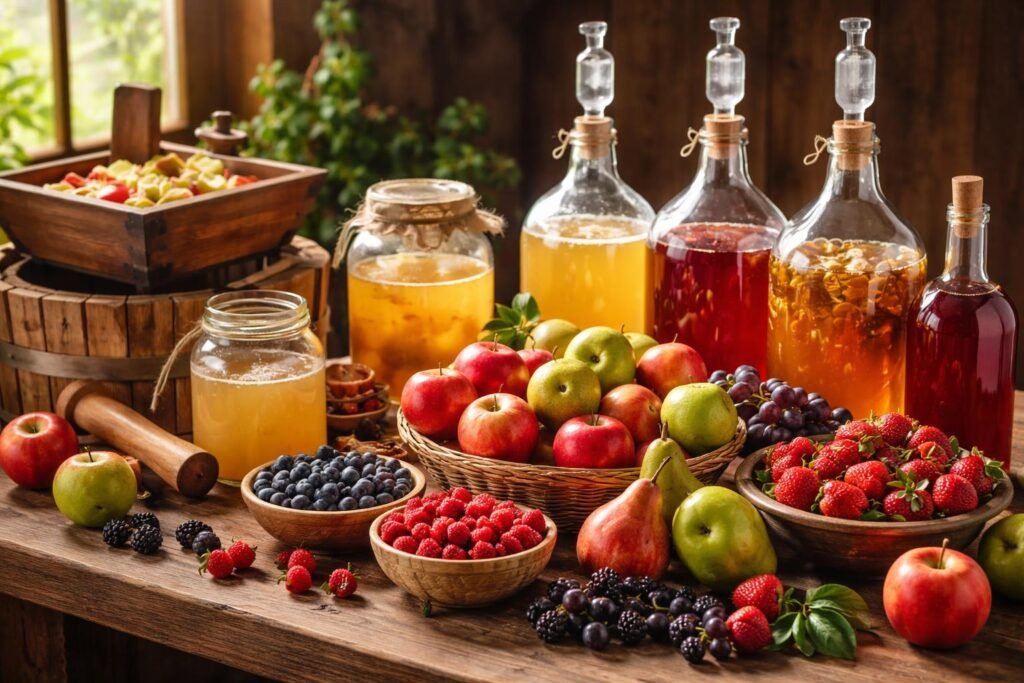 Gyümölcsök, üvegedények és eszközök a házi gyümölcsbor készítéséhez magyar konyhában