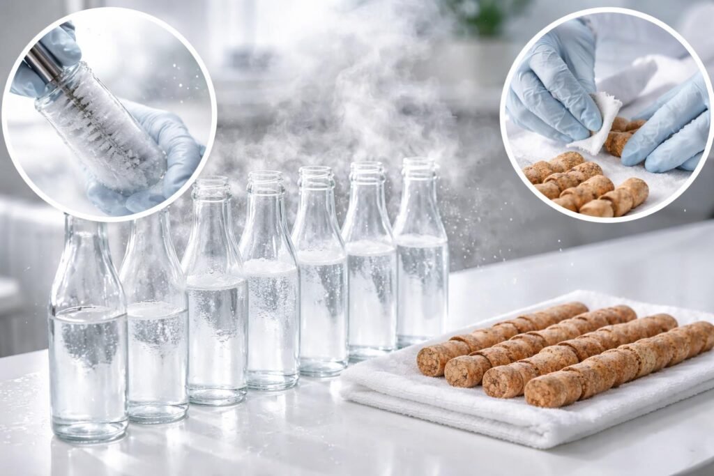 Körültekintően tisztított és fertőtlenített üvegek és dugók készülnek a palackozáshoz