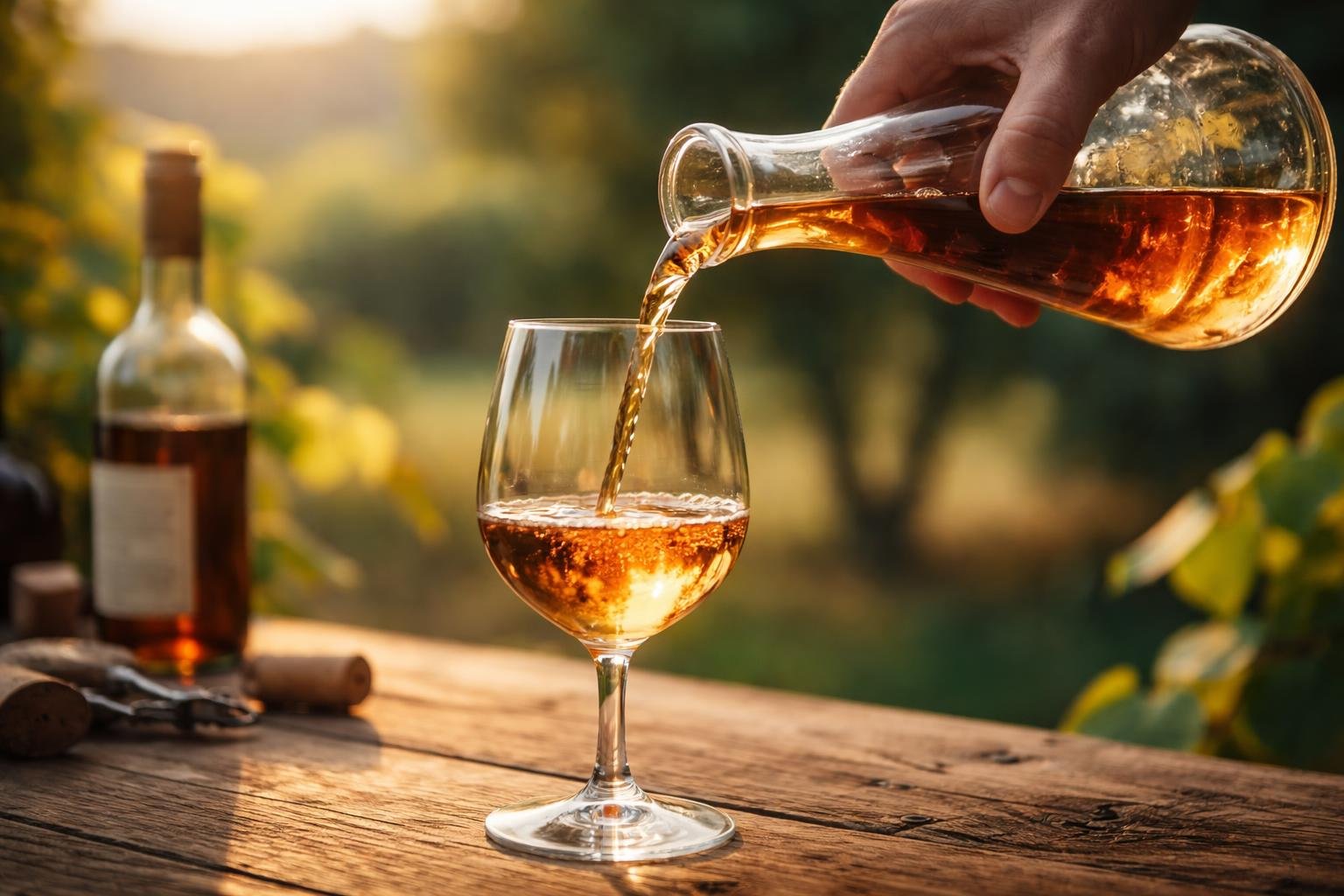 Narancssárga bor, ami épp levegőztetés közben van, fából készült boroshordó mellett.