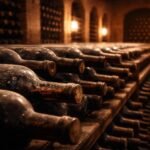 Egy borospohár, amelyen különböző borhibák és betegségek tünetei láthatók, háttérben palackok és szőlőfürtök.