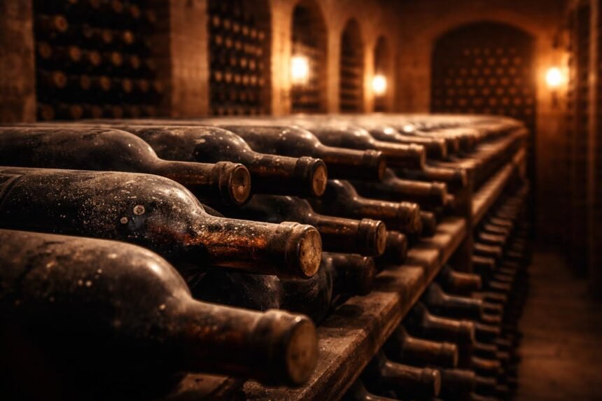 Egy borospohár, amelyen különböző borhibák és betegségek tünetei láthatók, háttérben palackok és szőlőfürtök.