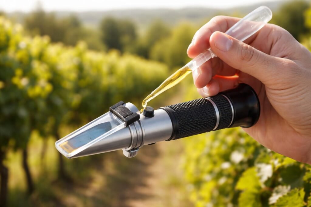 A mustfok méréséhez használt refraktométer kijelzője részletesen látható, precíz mérés.