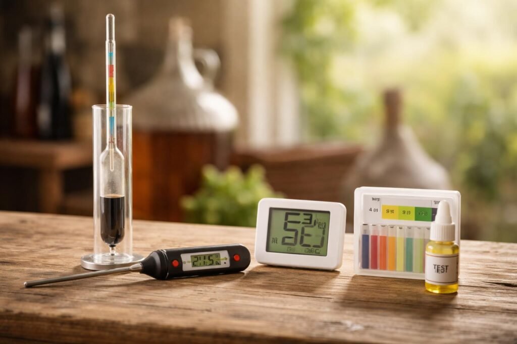 Számítógép, mustfok mérő, hőmérő, higrométer és pH mérő eszközök a házi bor készítéshez