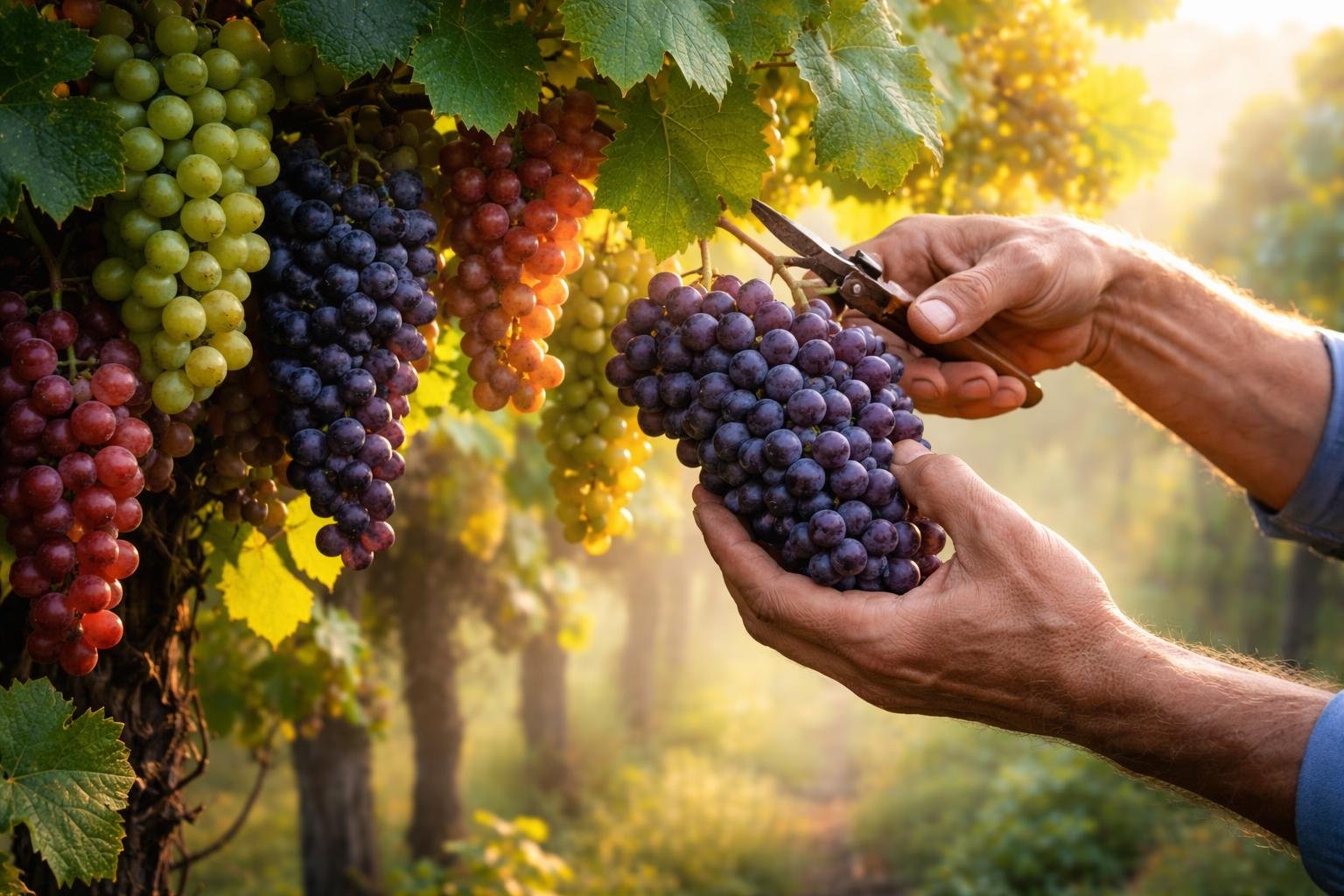 Szőlőfürtök érés közben a napfényben, különböző szőlőfajták
