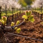 Tavaszi szőlőmetszés és újjáéledő szőlőtőkék a napfényben, friss munkálatok a kertben.