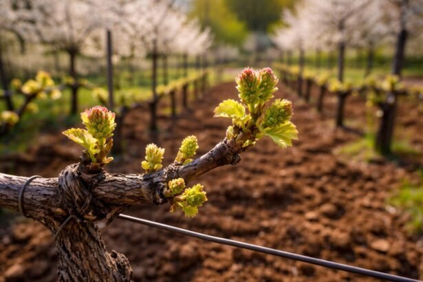 Tavaszi szőlőmetszés és újjáéledő szőlőtőkék a napfényben, friss munkálatok a kertben.