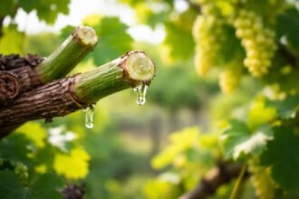 Könnyező szőlő vesszők, friss metszés utáni nedvkeringés, egészséges növényi reakció