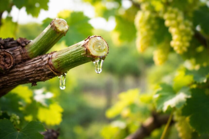 Könnyező szőlő vesszők, friss metszés utáni nedvkeringés, egészséges növényi reakció
