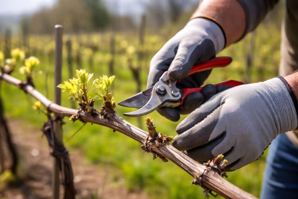 Szőlőültetvényen végzett tavaszi metszési munka, friss hajtásokkal és metszőollóval