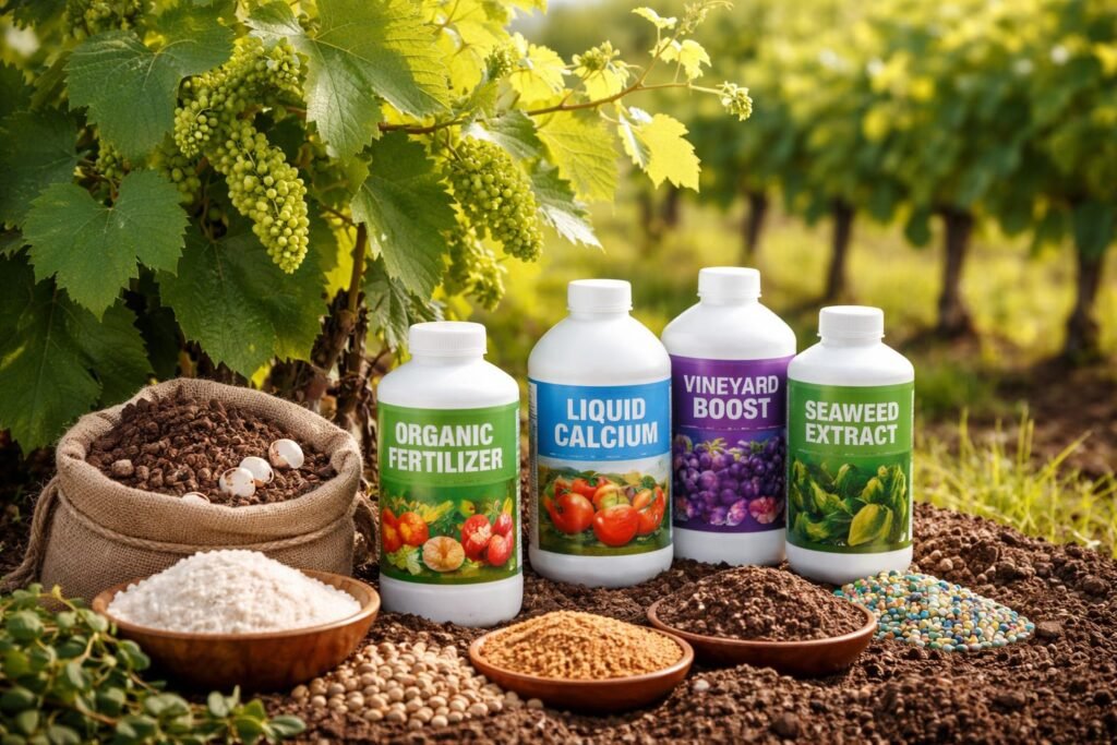 Szőlőültetvény tavaszi talajkezelése, tápanyagtartalommal és növényvédelmi elemekkel.