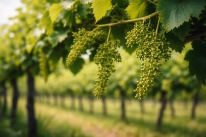 Szőlőfürtök apró és fejletlen szemekkel a szőlőskertben, a probléma okainak bemutatásával